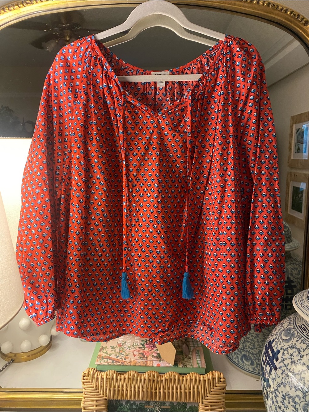 J. Crew Red Printed Peasant Blouse with Blue Tassels